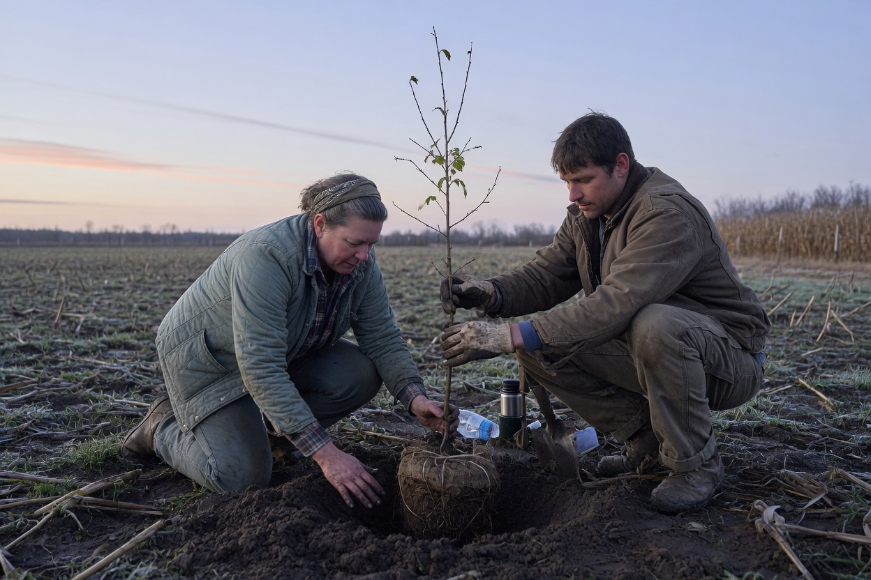 People planting a tree at dawn